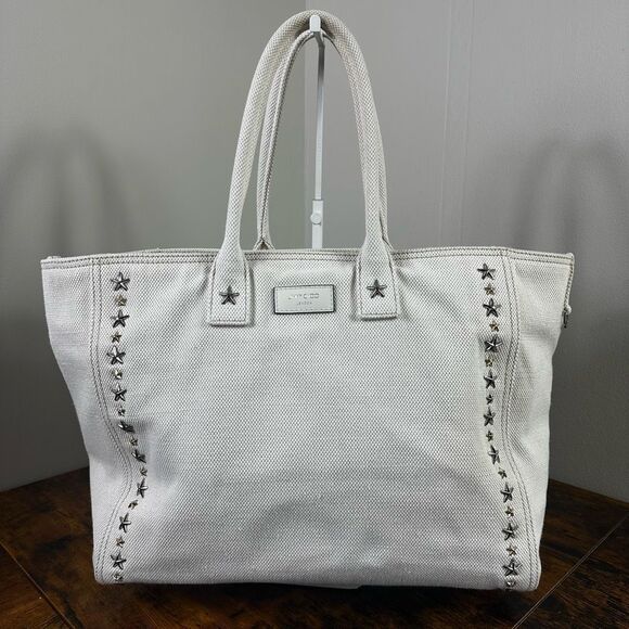 Jimmy Choo Pegasi Large Canvas Tote Bag Off White Neutral Star Studded - Picture 1 of 16